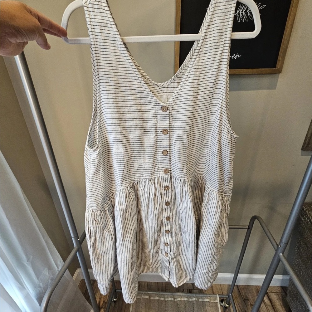 notPERFECTLINEN Tan and White Buttoned Peplum Mini Dress